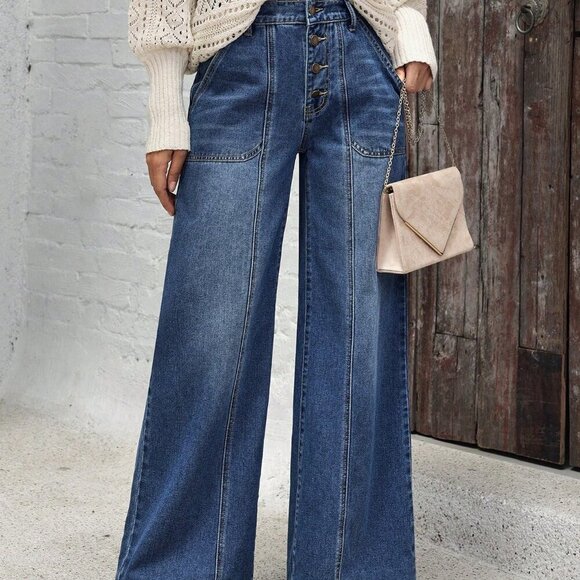 Blue Casual Women's Pockets Versatile Loose Wide Leg Jeans - Picture 2 of 6